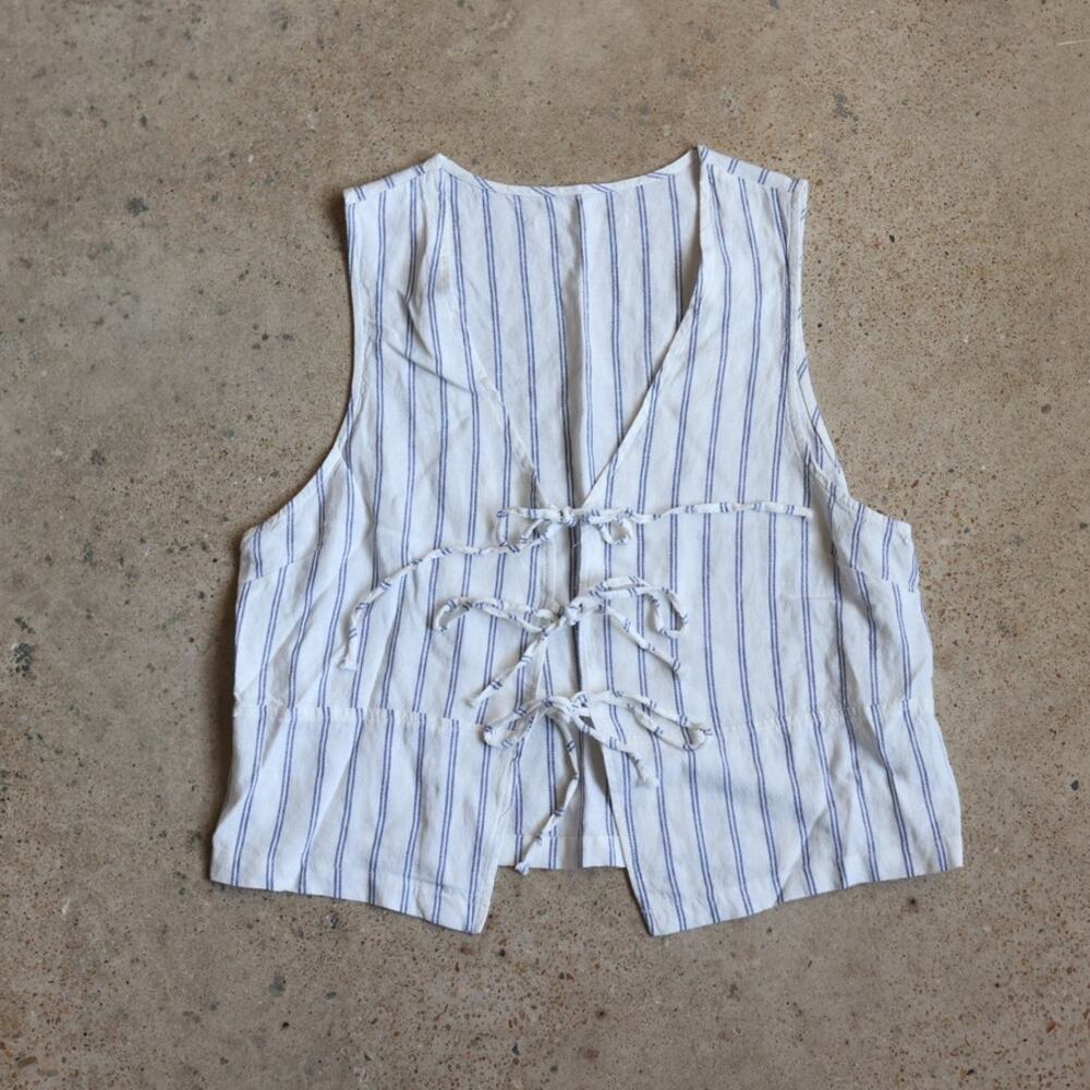 Y2K Blue White Striped Linen Blend Tie Front Top Sleeveless Cropped Tank M/L